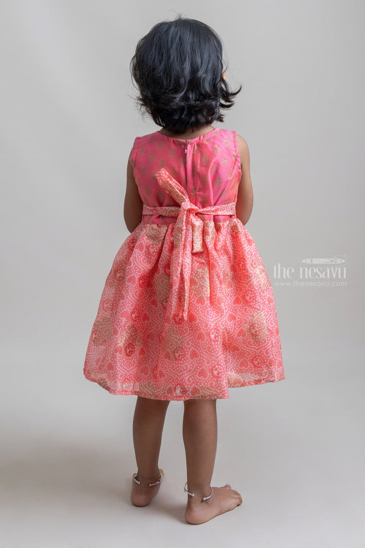The Nesavu Frocks & Dresses Charming Salmon Pink Sleeveless Geometric Printed Cotton Frock For Girls psr silks Nesavu