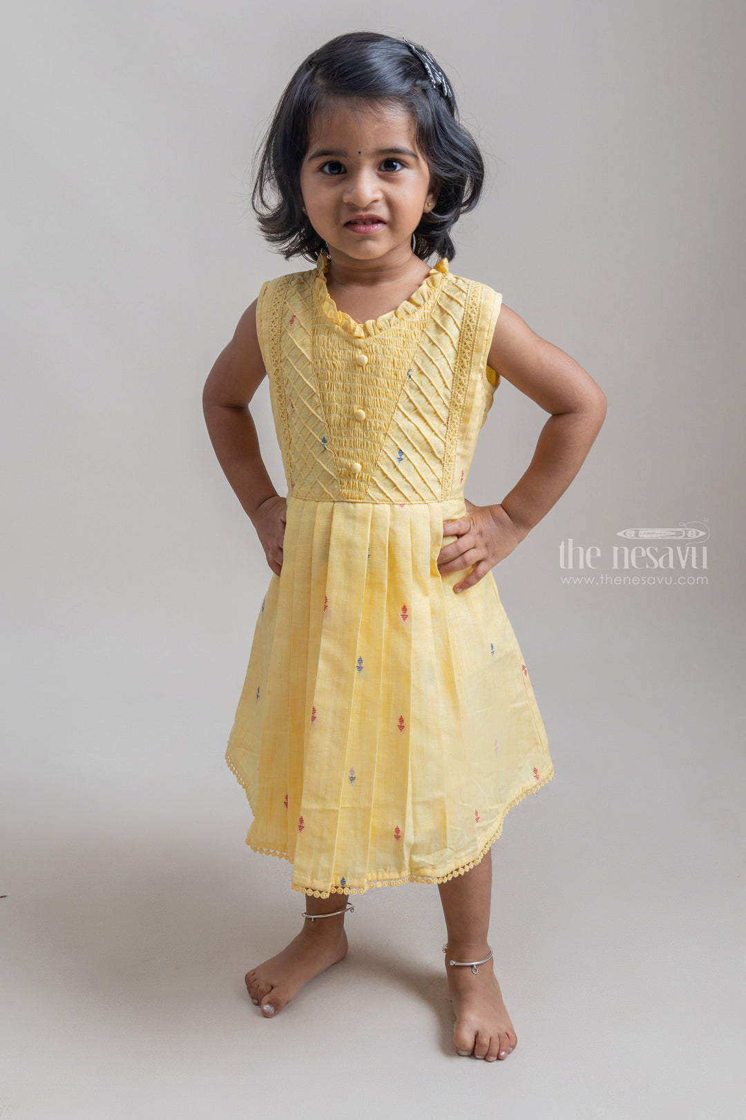 The Nesavu Frocks & Dresses Charming Yellow Sleeveless Pleated Casual Cotton Frock For Girls psr silks Nesavu 22 (4Y) / Yellow GFC1002C