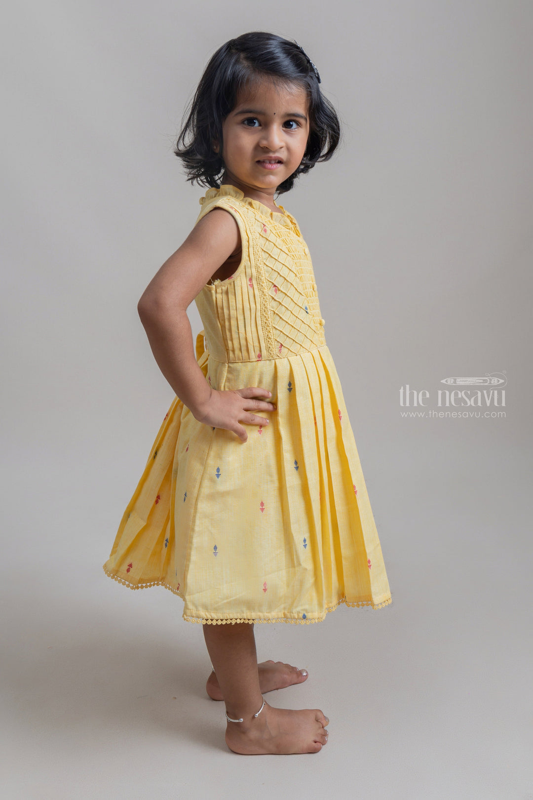 The Nesavu Frocks & Dresses Charming Yellow Sleeveless Pleated Casual Cotton Frock For Girls psr silks Nesavu