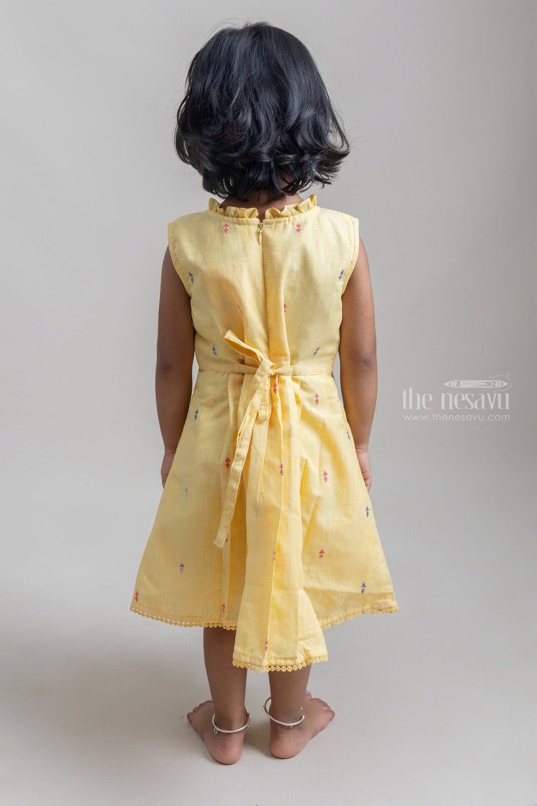 The Nesavu Frocks & Dresses Charming Yellow Sleeveless Pleated Casual Cotton Frock For Girls psr silks Nesavu