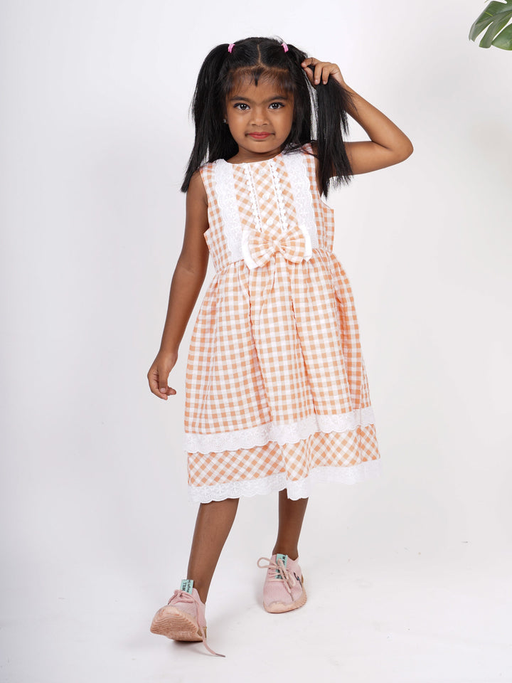 The Nesavu Frocks & Dresses Checked Cotton Gown With Lace Enrichments And Bow psr silks Nesavu 12 (3M) / orange GFC706
