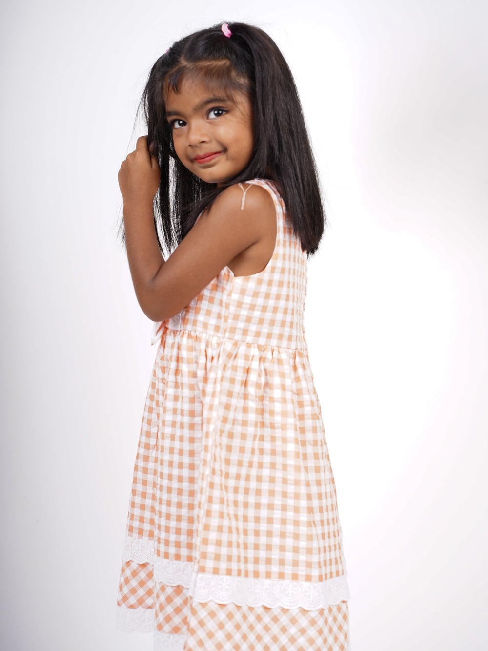 The Nesavu Frocks & Dresses Checked Cotton Gown With Lace Enrichments And Bow psr silks Nesavu