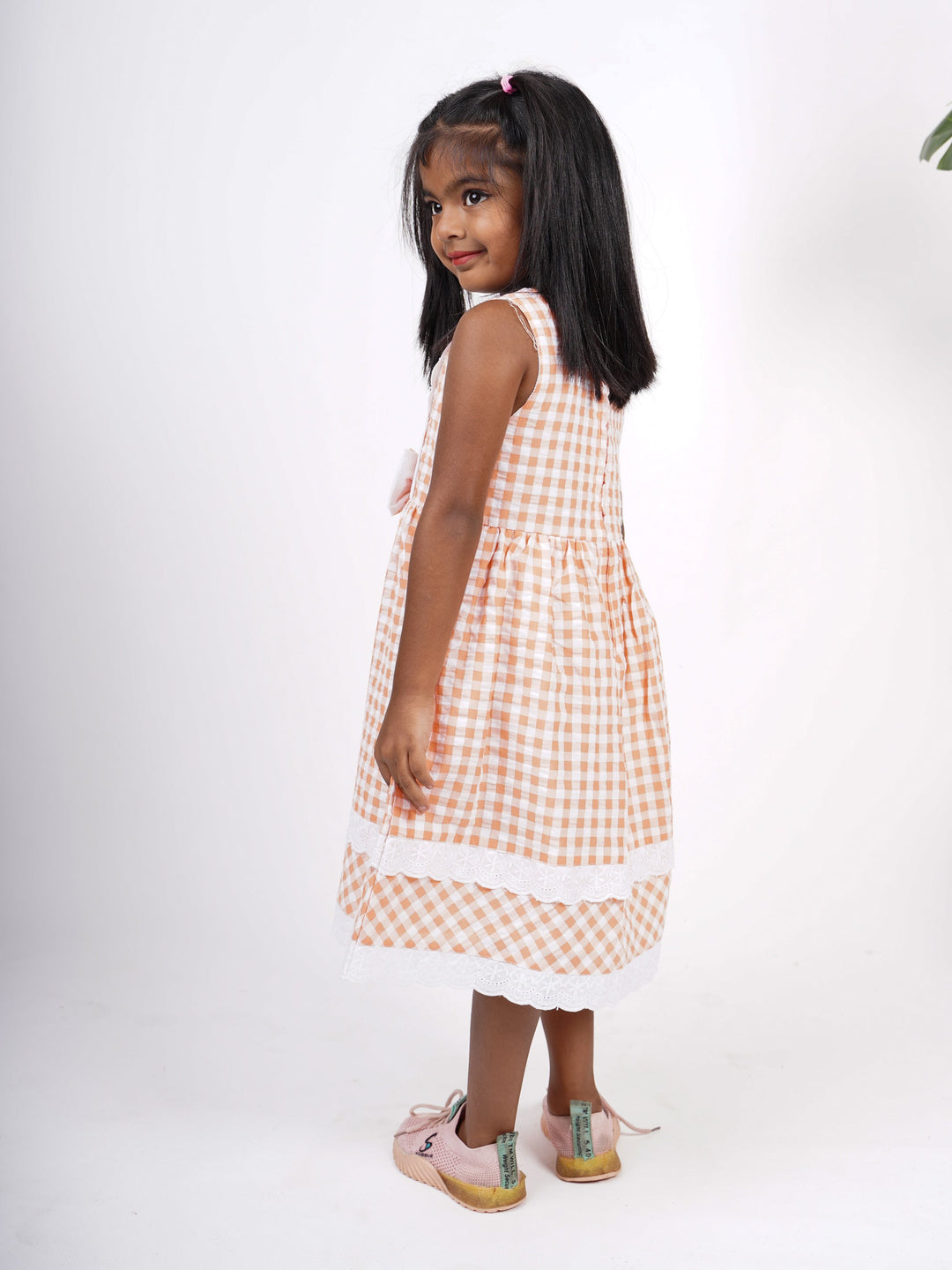 The Nesavu Frocks & Dresses Checked Cotton Gown With Lace Enrichments And Bow psr silks Nesavu