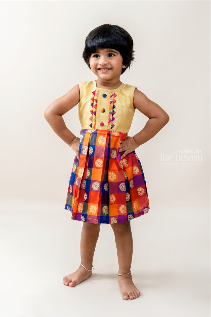The Nesavu Silk frocks Checked Multicolor Banarasi Jacquard Silk Frock For Baby Girl psr silks Nesavu