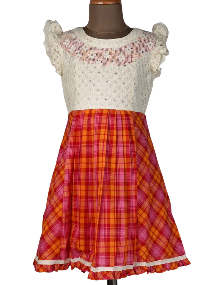 The Nesavu Frocks & Dresses Checkered Cotton Dress With Embellished Yoke and Ruffle Sleeve psr silks Nesavu 26 (6Y-7Y) / crimson GFC321