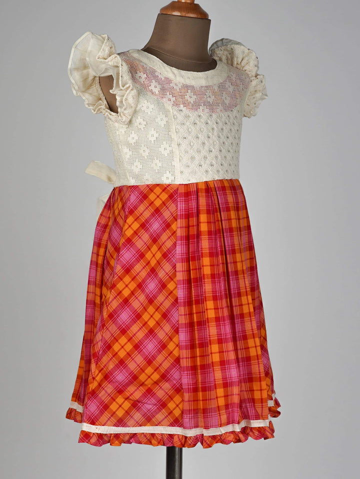 The Nesavu Frocks & Dresses Checkered Cotton Dress With Embellished Yoke and Ruffle Sleeve psr silks Nesavu