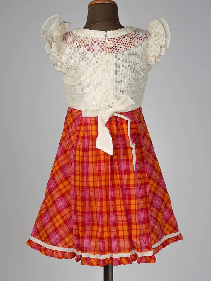 The Nesavu Frocks & Dresses Checkered Cotton Dress With Embellished Yoke and Ruffle Sleeve psr silks Nesavu