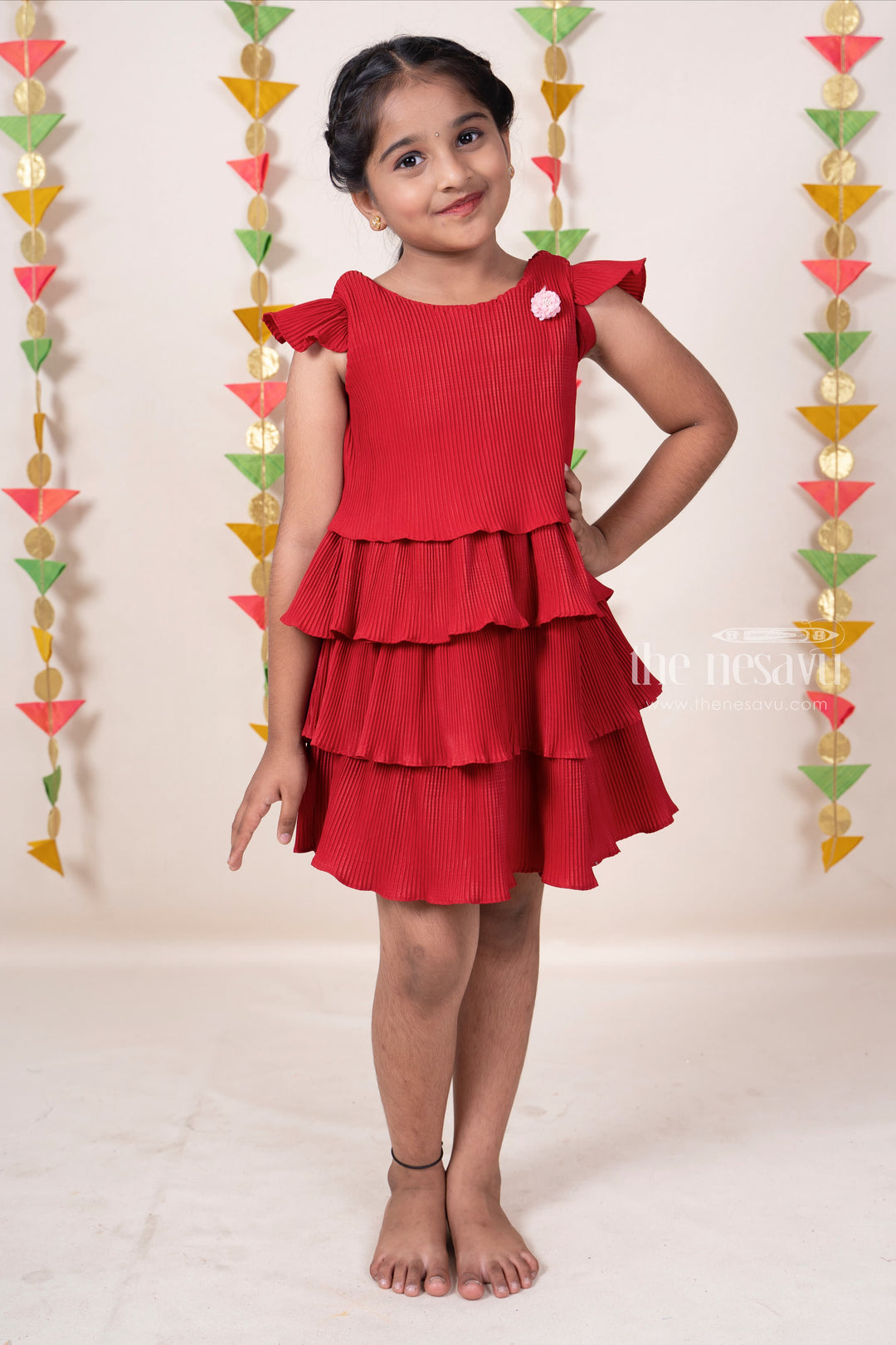 The Nesavu Frocks & Dresses Cherry Red Semi Ruffled Cotton Gown For Baby Girls With Floral Embellishments psr silks Nesavu 16 (1Y) / red GFC898