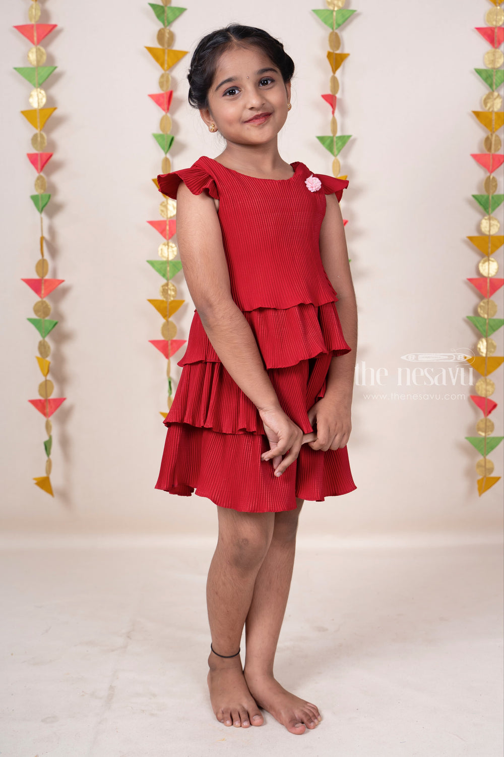 The Nesavu Frocks & Dresses Cherry Red Semi Ruffled Cotton Gown For Baby Girls With Floral Embellishments psr silks Nesavu