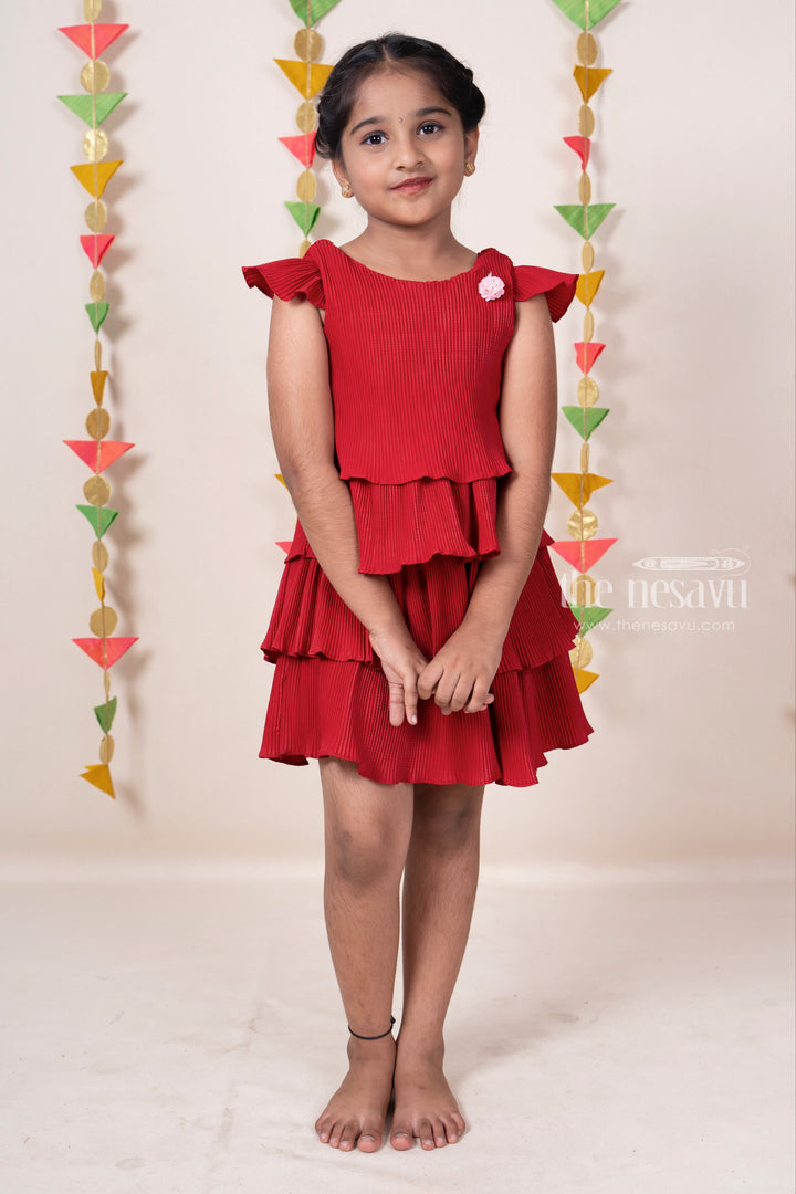 The Nesavu Frocks & Dresses Cherry Red Semi Ruffled Cotton Gown For Baby Girls With Floral Embellishments psr silks Nesavu