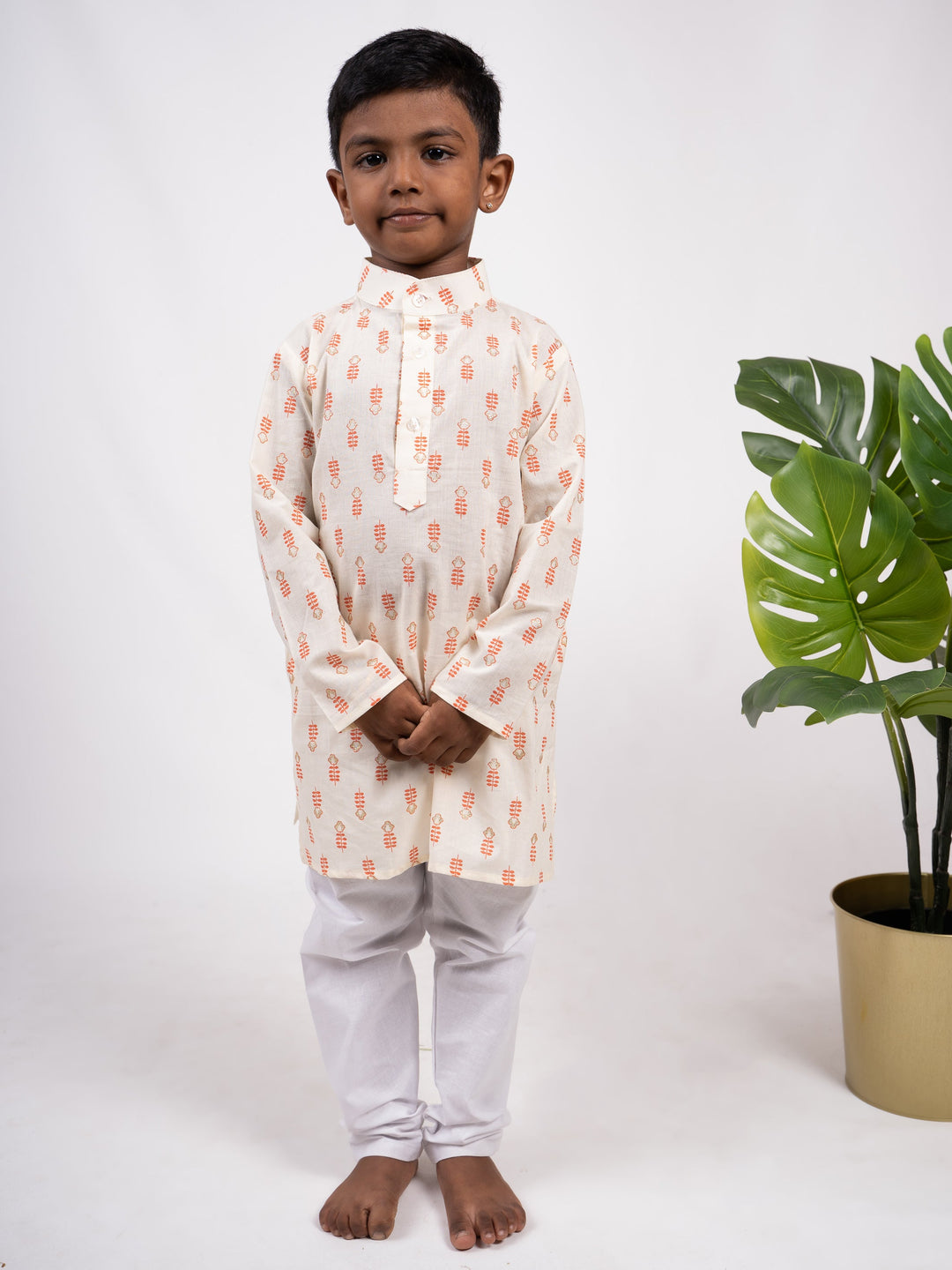 The Nesavu Ethnic Sets Chinese Collared Printed Cotton Kurta Suit for Boys psr silks Nesavu 0(0M-12M) / Wheat BES70