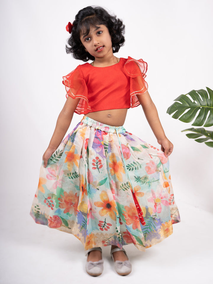 The Nesavu Lehenga & Ghagra Colourful Organza Lehenga With Red Ruffled Crop Top For Girls psr silks Nesavu red / 16 (1Y) GL235
