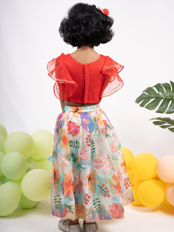 The Nesavu Lehenga & Ghagra Colourful Organza Lehenga With Red Ruffled Crop Top For Girls psr silks Nesavu