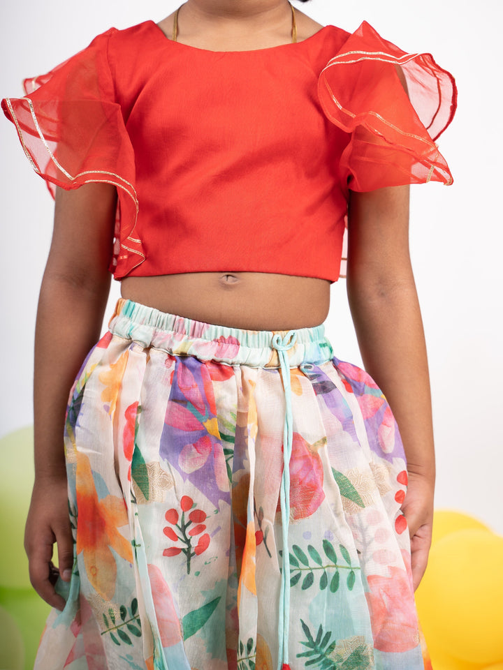 The Nesavu Lehenga & Ghagra Colourful Organza Lehenga With Red Ruffled Crop Top For Girls psr silks Nesavu