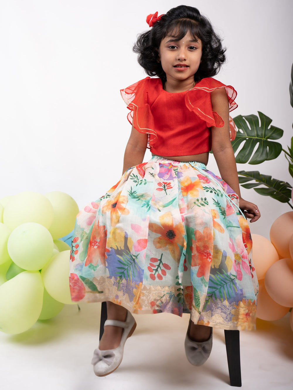 The Nesavu Lehenga & Ghagra Colourful Organza Lehenga With Red Ruffled Crop Top For Girls psr silks Nesavu