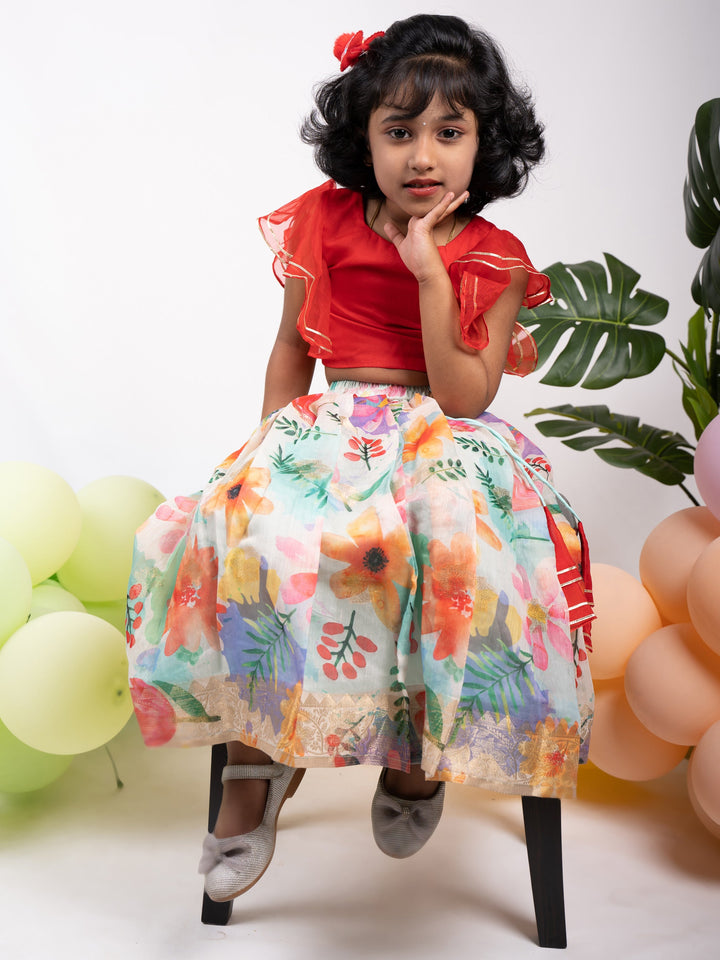 The Nesavu Lehenga & Ghagra Colourful Organza Lehenga With Red Ruffled Crop Top For Girls psr silks Nesavu