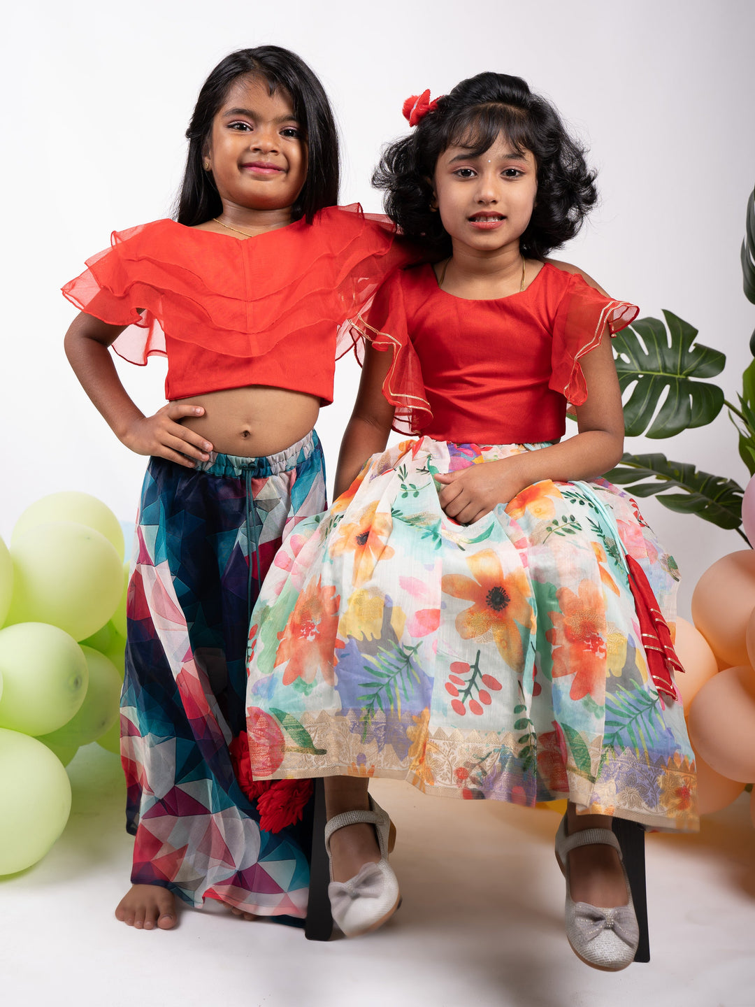 The Nesavu Lehenga & Ghagra Colourful Organza Lehenga With Red Ruffled Crop Top For Girls psr silks Nesavu