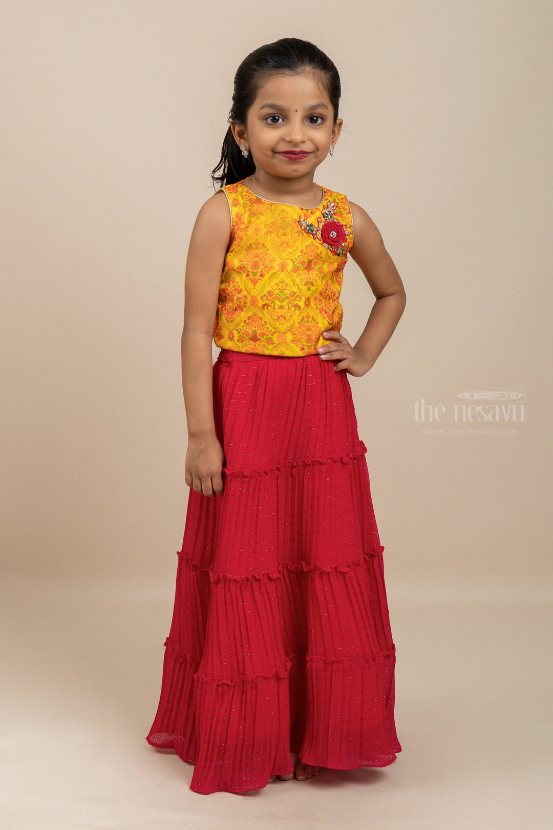 The Nesavu Lehenga & Ghagra Cool Dress Code - Magical Yellow Crop Top With Multi-tiered Crimson Lehenga For Girls psr silks Nesavu 16 (1Y ) / Red GL300