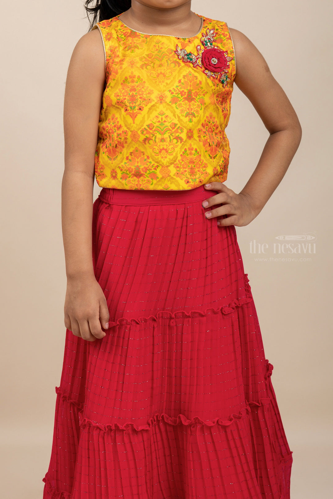 The Nesavu Lehenga & Ghagra Cool Dress Code - Magical Yellow Crop Top With Multi-tiered Crimson Lehenga For Girls psr silks Nesavu