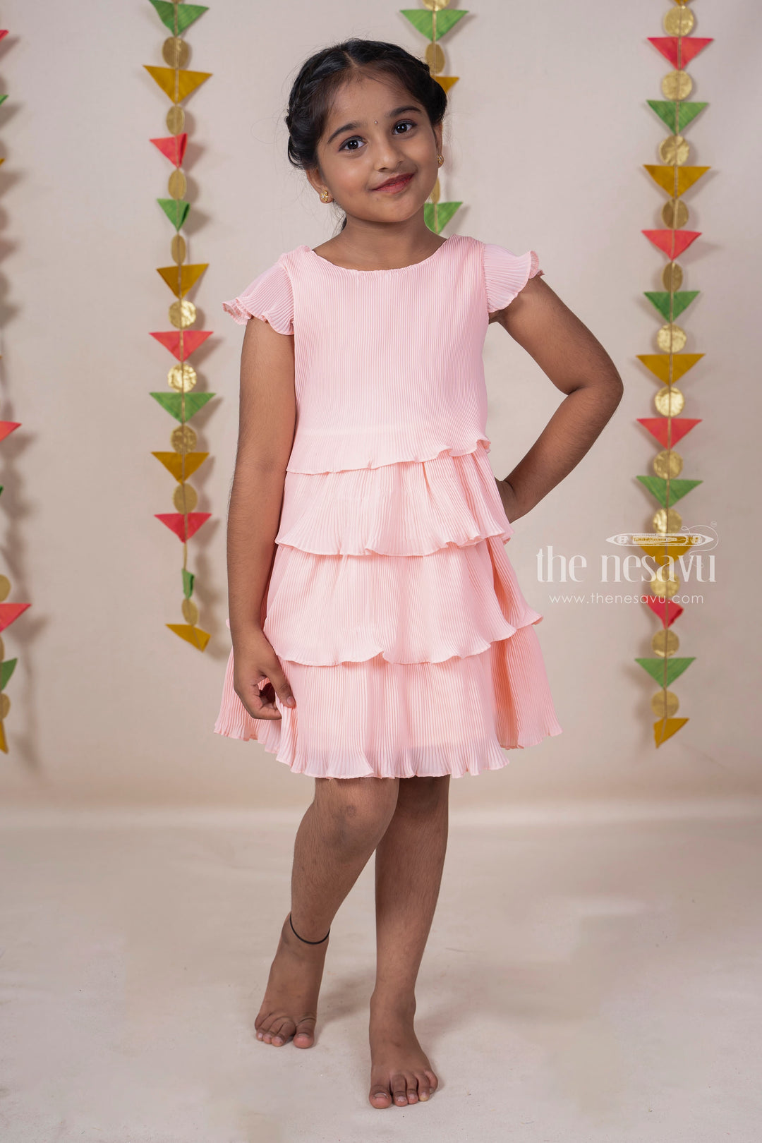 The Nesavu Frocks & Dresses Coral Pink Semi crushed Crepe Designer Cotton Frock For Baby Girls psr silks Nesavu 20 (3Y) / PeachPuff GFC893