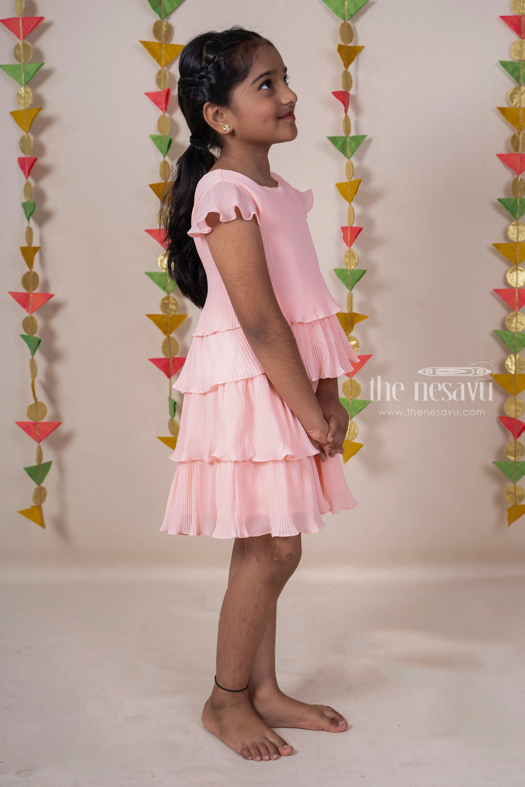 The Nesavu Frocks & Dresses Coral Pink Semi crushed Crepe Designer Cotton Frock For Baby Girls psr silks Nesavu