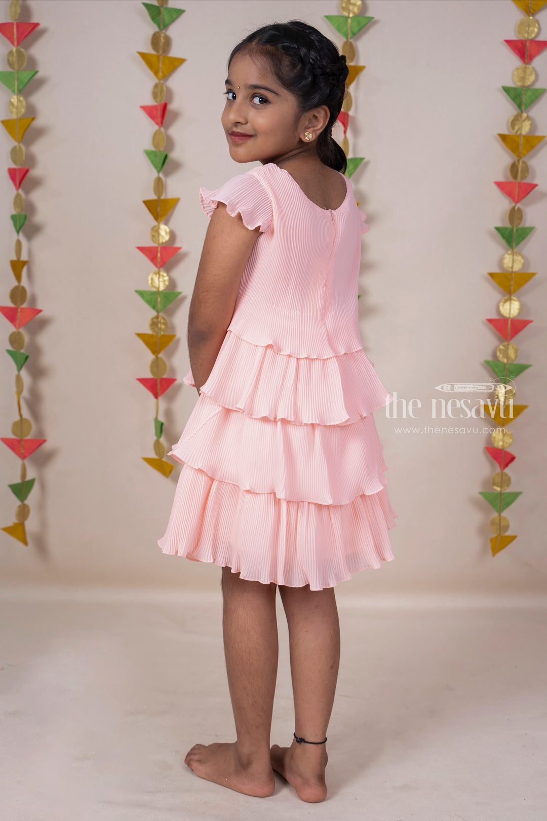 The Nesavu Frocks & Dresses Coral Pink Semi crushed Crepe Designer Cotton Frock For Baby Girls psr silks Nesavu