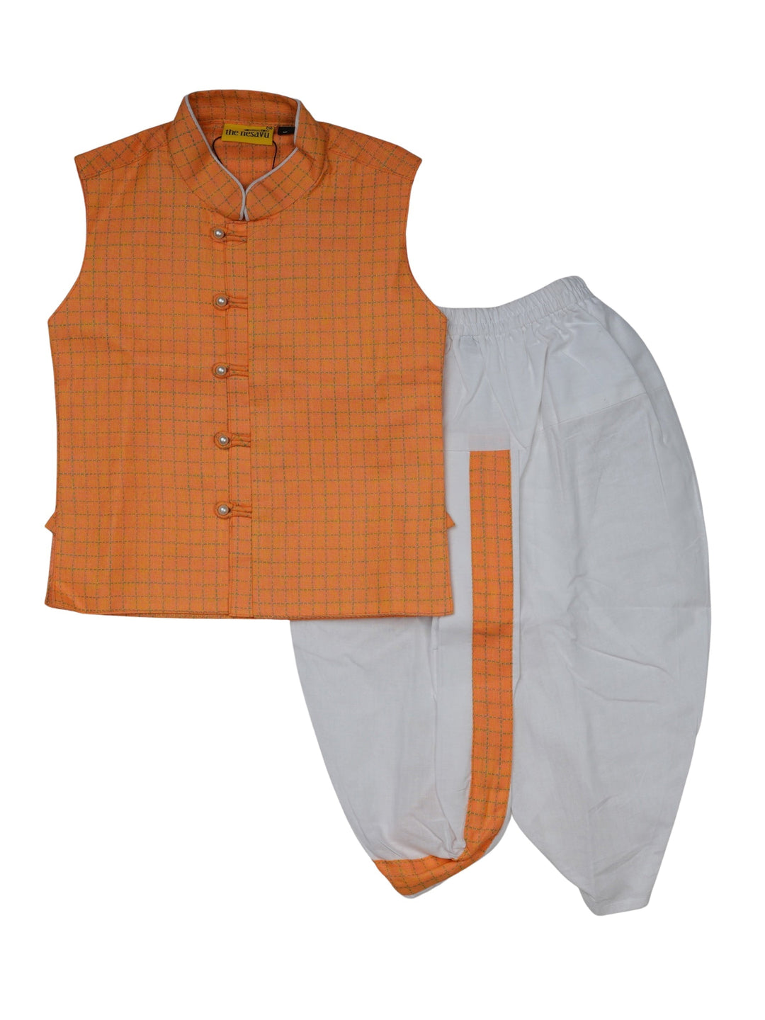 The Nesavu Ethnic Sets Coral Sleeveless Boys Jacket and Ethnic Panchakacham Dhoti Set psr silks Nesavu 0(0M-12M) / Coral BES95