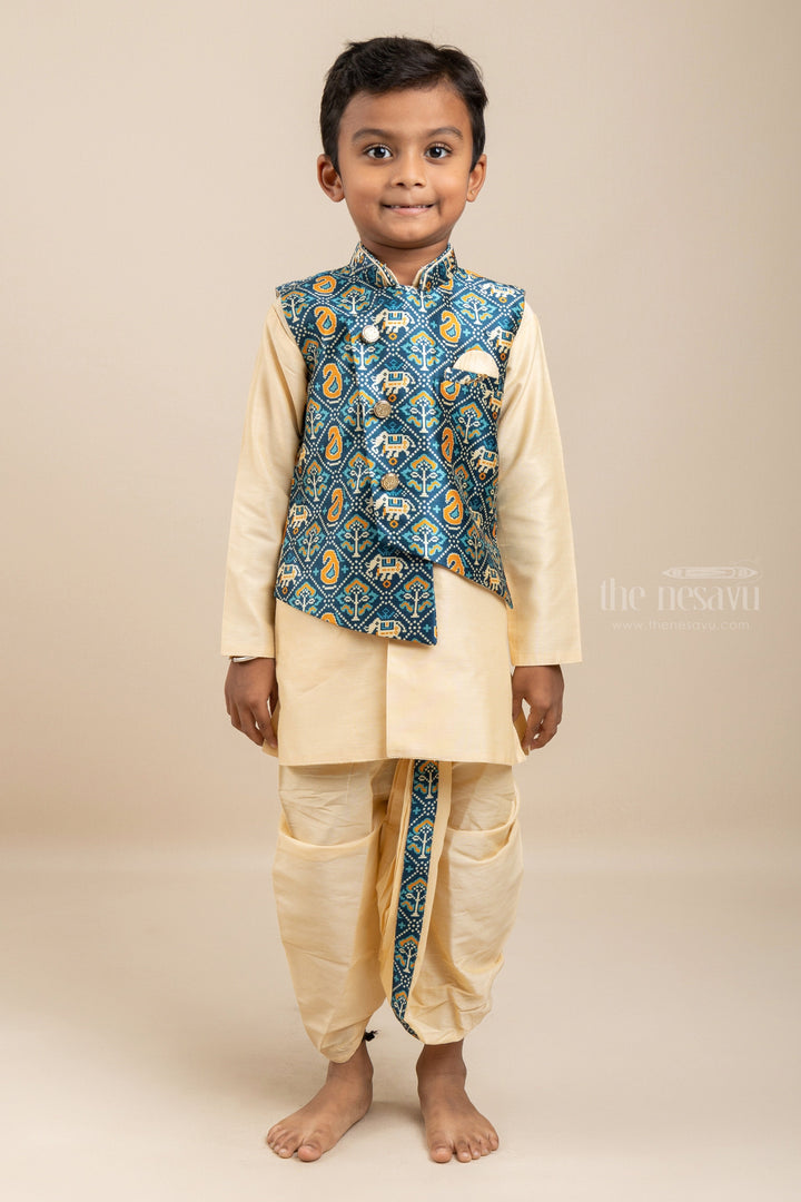 The Nesavu Ethnic Sets Cream Kurta For Boys With Elephant Printed Side-Buttoned Overcoat psr silks Nesavu 10 (NB) / Brown BES123