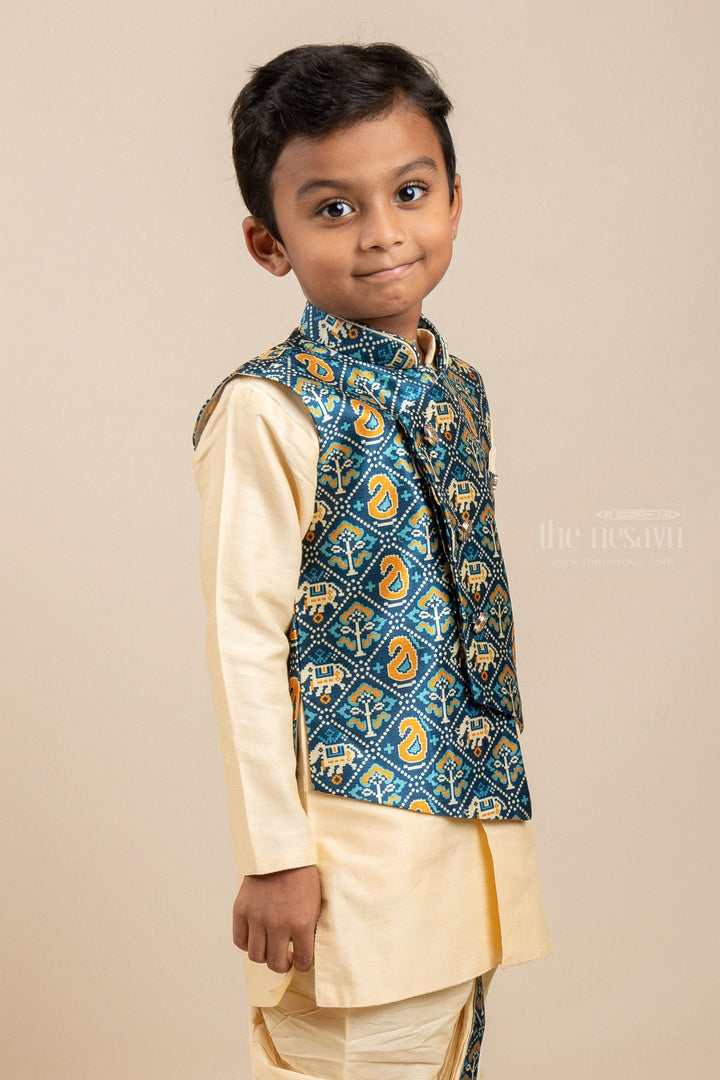 The Nesavu Ethnic Sets Cream Kurta For Boys With Elephant Printed Side-Buttoned Overcoat psr silks Nesavu