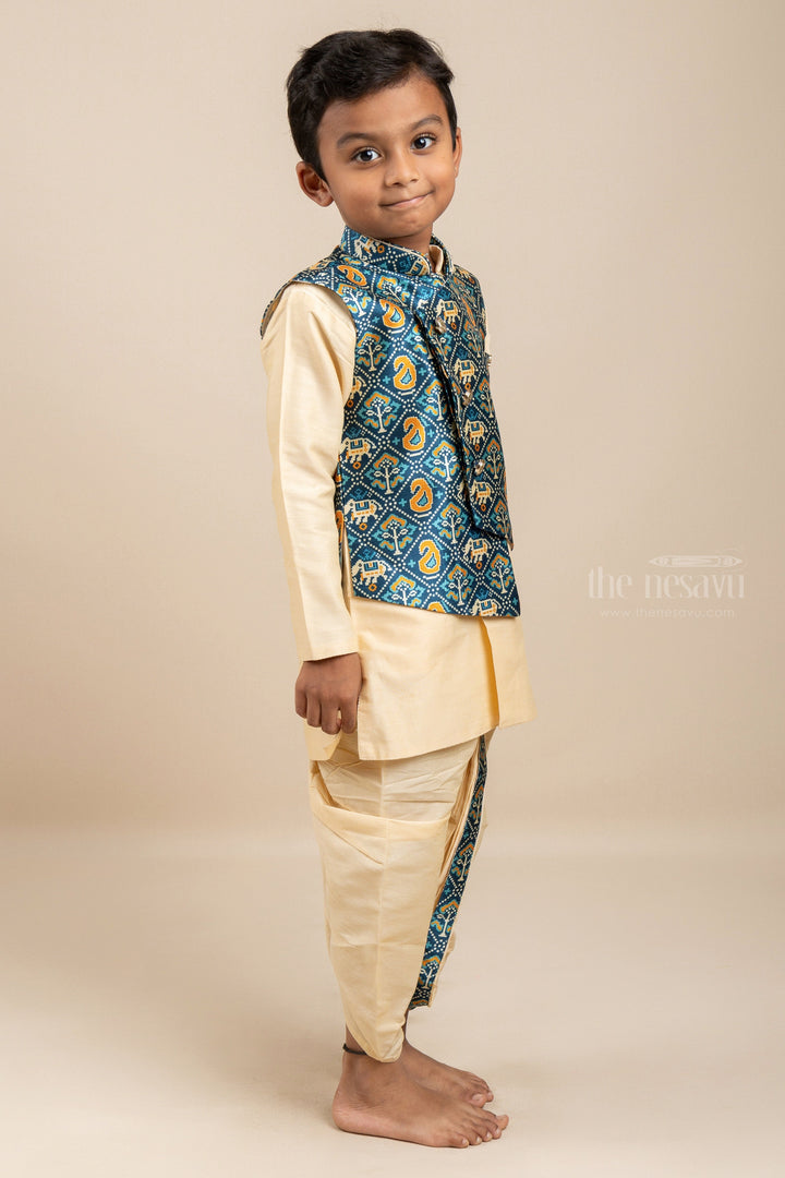 The Nesavu Ethnic Sets Cream Kurta For Boys With Elephant Printed Side-Buttoned Overcoat psr silks Nesavu