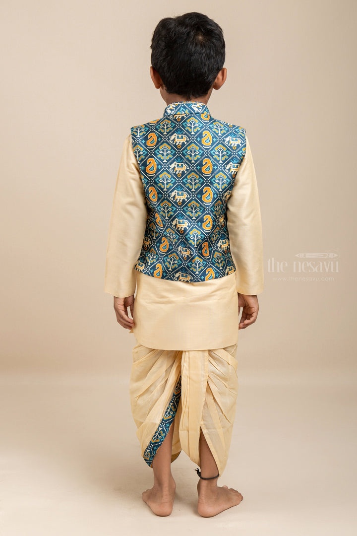 The Nesavu Ethnic Sets Cream Kurta For Boys With Elephant Printed Side-Buttoned Overcoat psr silks Nesavu