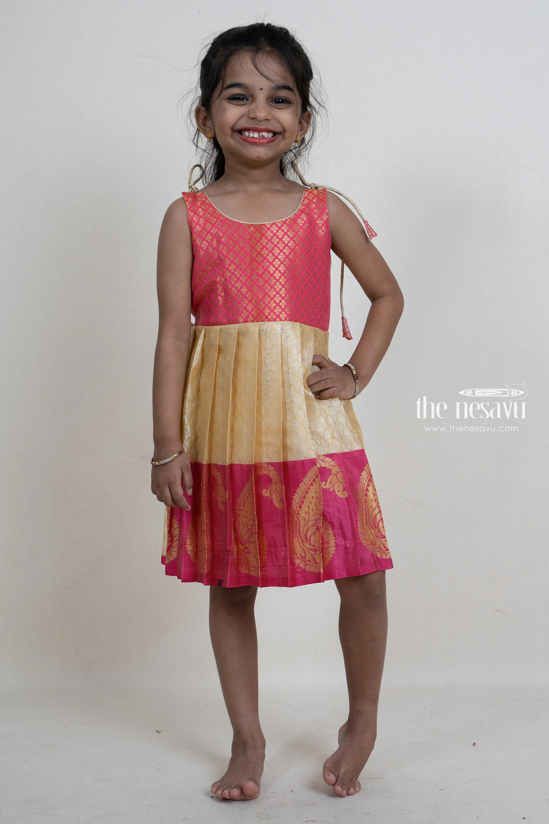 The Nesavu Tie up frocks Cream Semi-Kanchi Pattu Long Korva Border Designer Festive Wear For Toddlers psr silks Nesavu 12 (3M) / Beige T235A