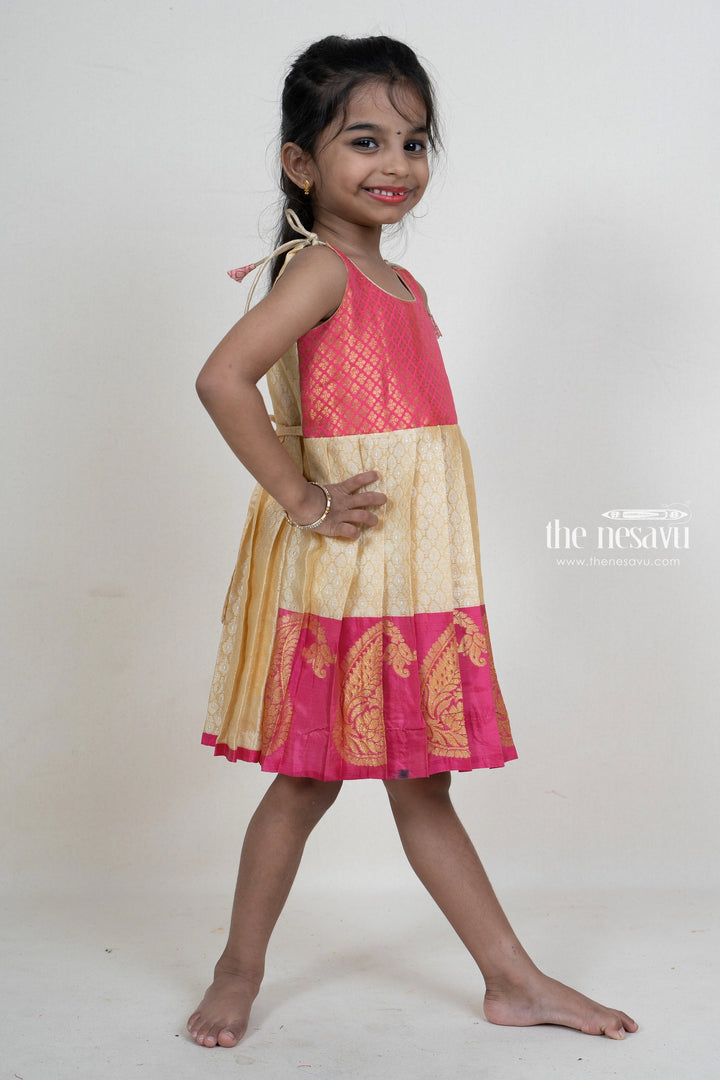 The Nesavu Tie up frocks Cream Semi-Kanchi Pattu Long Korva Border Designer Festive Wear For Toddlers psr silks Nesavu