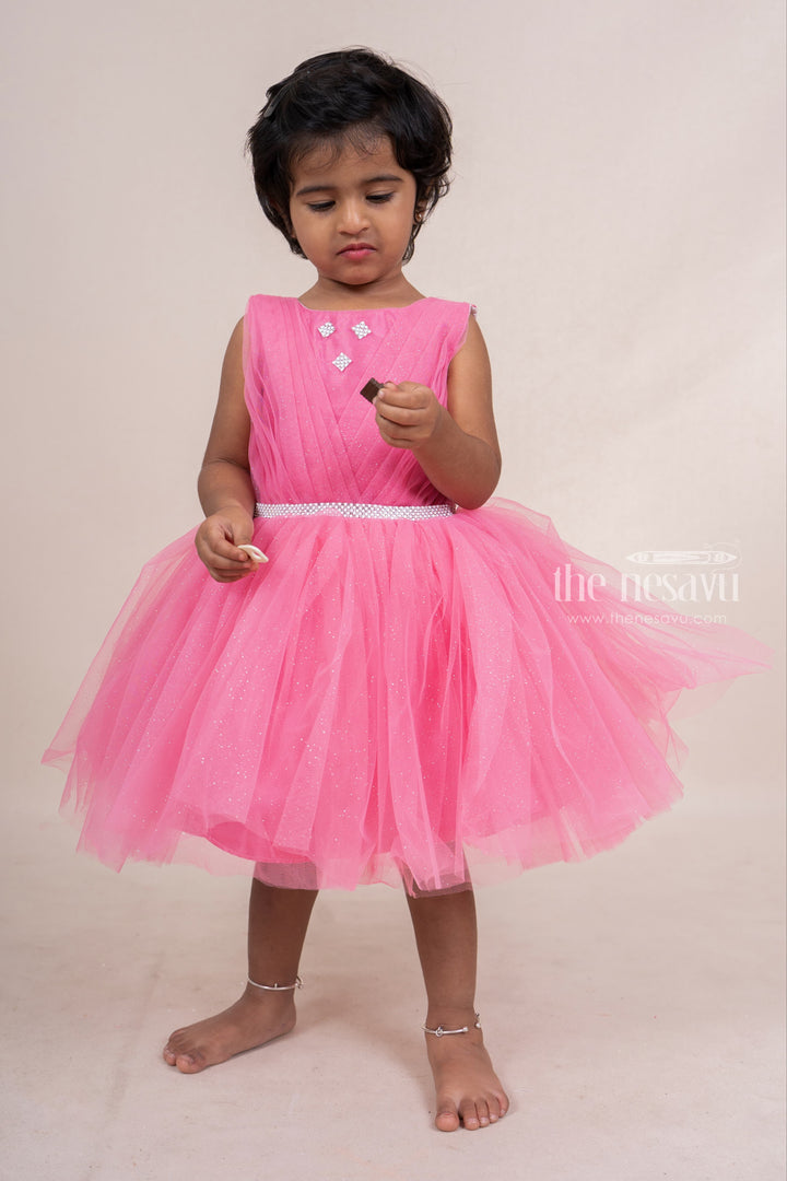 The Nesavu Party Frock Crimson Glittering Pin-Tucked Soft Net Party Frock For New Born Baby Girls psr silks Nesavu 16 (1Y) / salmon PF70B