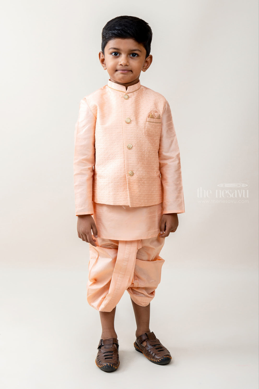 The Nesavu Ethnic Sets Crown Lord - Shining Peach Three Piece Kurta Set With Overcoat For Lil' Boys psr silks Nesavu 14 (6M) / peachpuff BES242