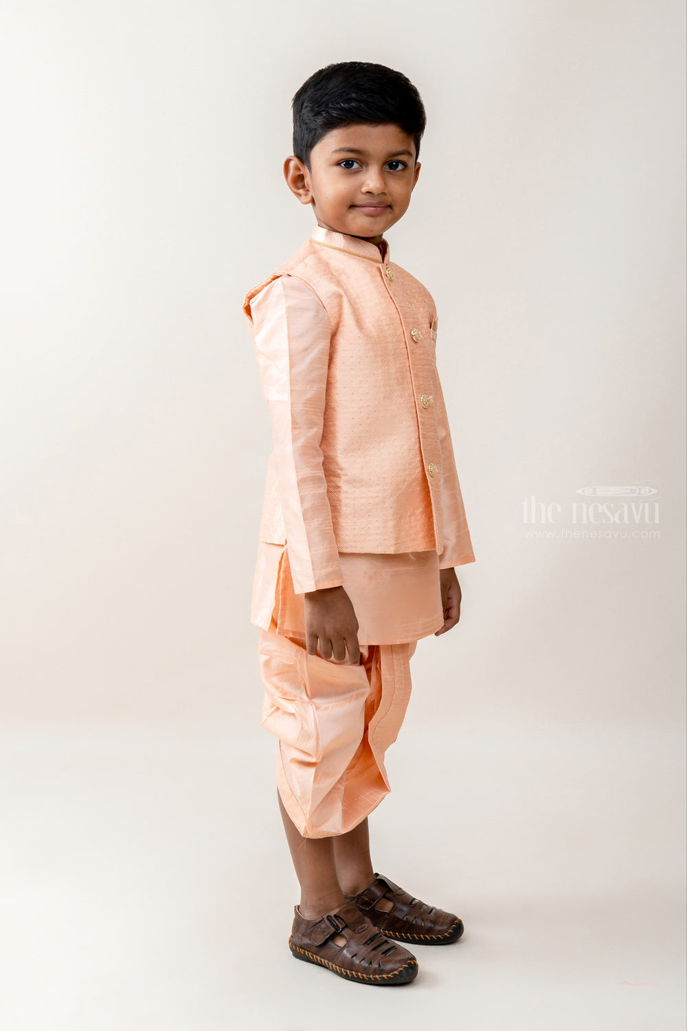 The Nesavu Ethnic Sets Crown Lord - Shining Peach Three Piece Kurta Set With Overcoat For Lil' Boys psr silks Nesavu