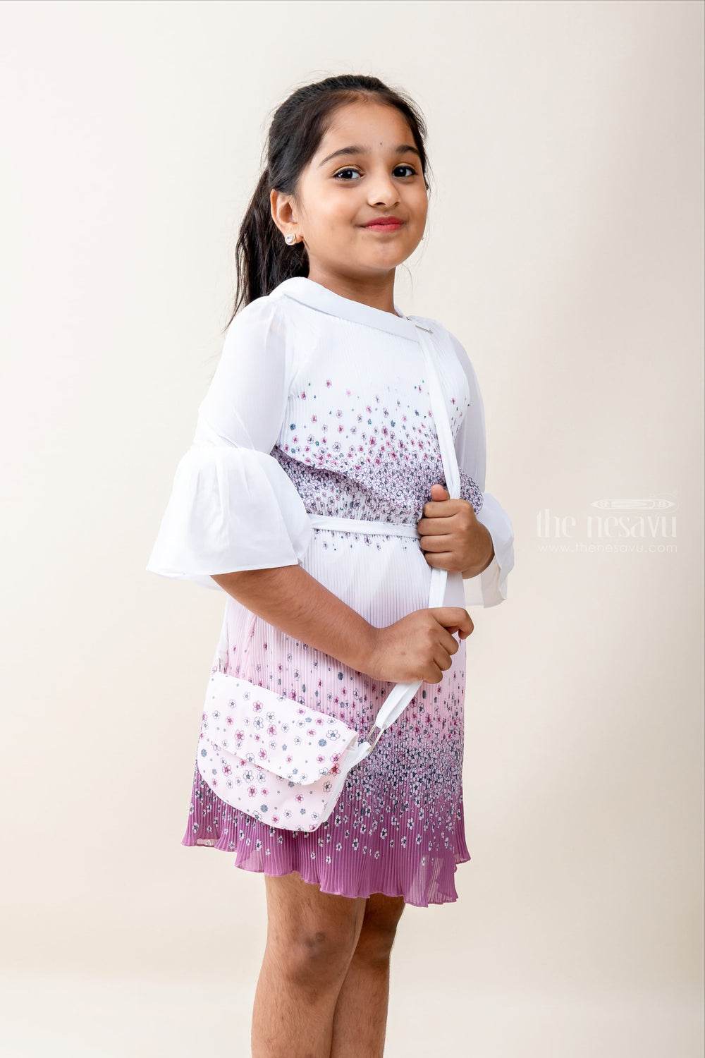 The Nesavu Cute Little Girl - White-Pink Fancy Frock With Sling Bag psr silks Nesavu