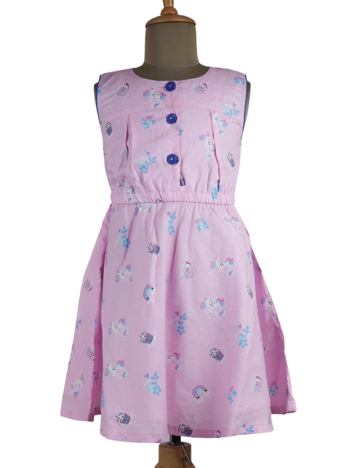 The Nesavu Frocks & Dresses Cute Print Cotton Frock With Elastic Waist And Buttoned Yoke psr silks Nesavu 22 (4Y-5Y) / Pink GFC507A