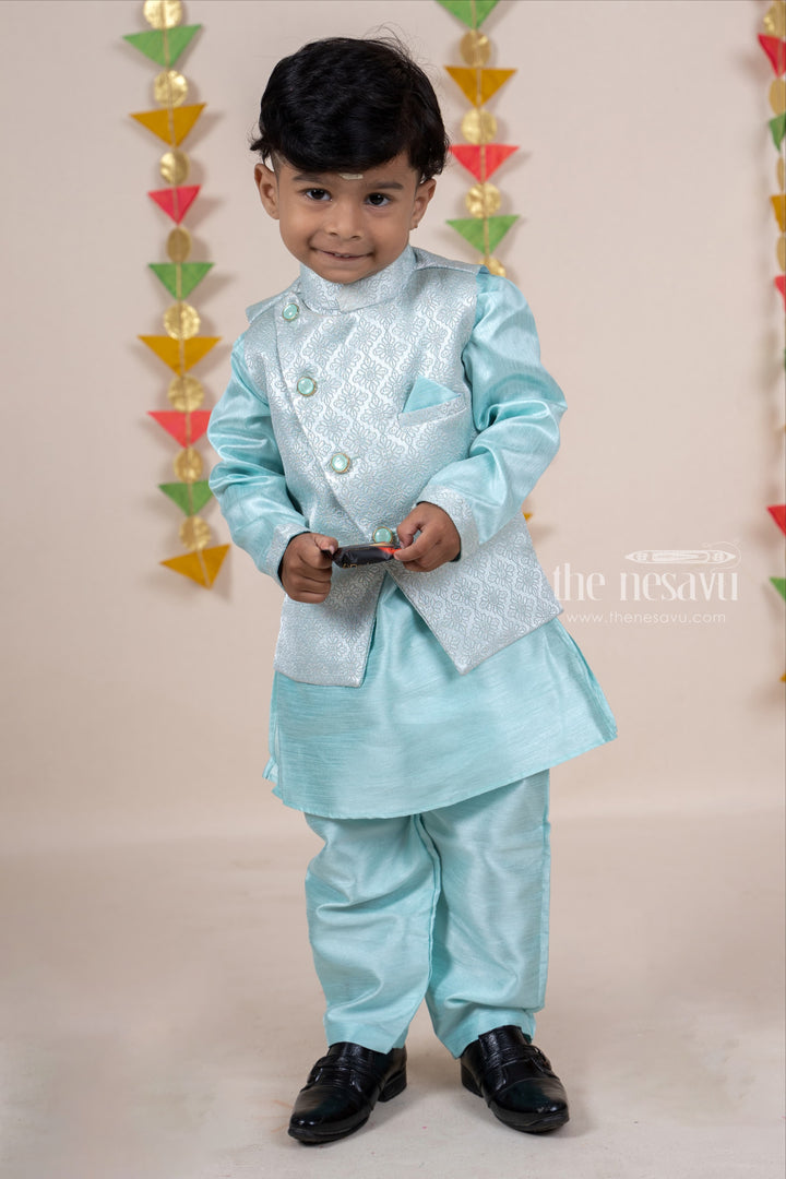 The Nesavu Ethnic Sets Cyan Designer Three Piece Readymade Festive Wear Kurta For Boys psr silks Nesavu 16 (1Y) / Cyan BES196A
