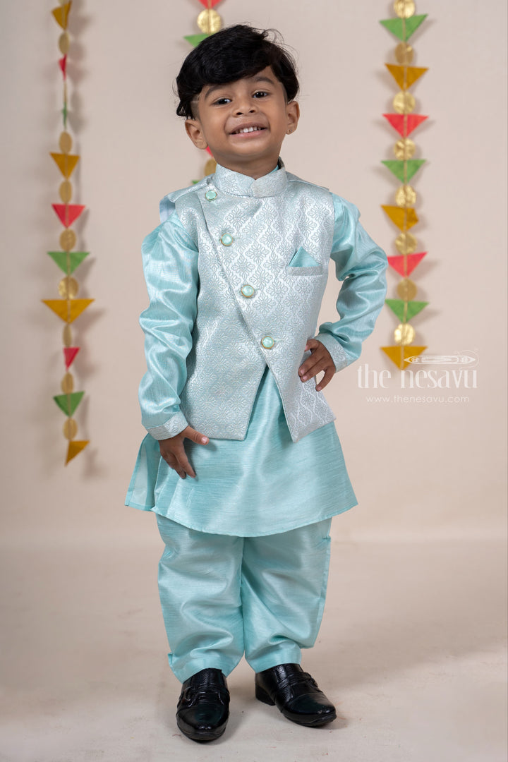 The Nesavu Ethnic Sets Cyan Designer Three Piece Readymade Festive Wear Kurta For Boys psr silks Nesavu