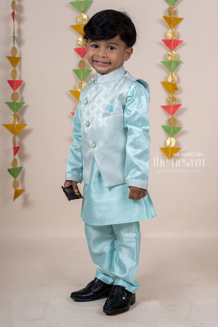 The Nesavu Ethnic Sets Cyan Designer Three Piece Readymade Festive Wear Kurta For Boys psr silks Nesavu