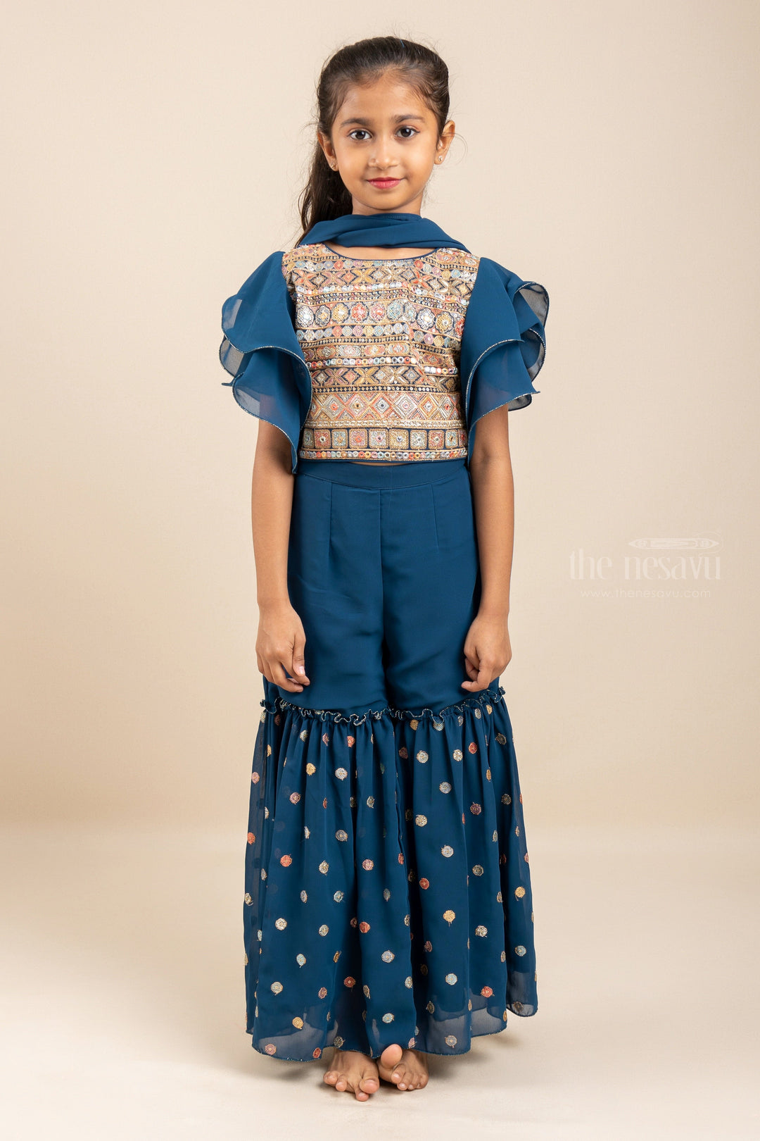 The Nesavu Sets & Suits Dark Blue Palazzo set with Bell Sleeve For Girls psr silks Nesavu 24 (5Y) / Navy GPS048