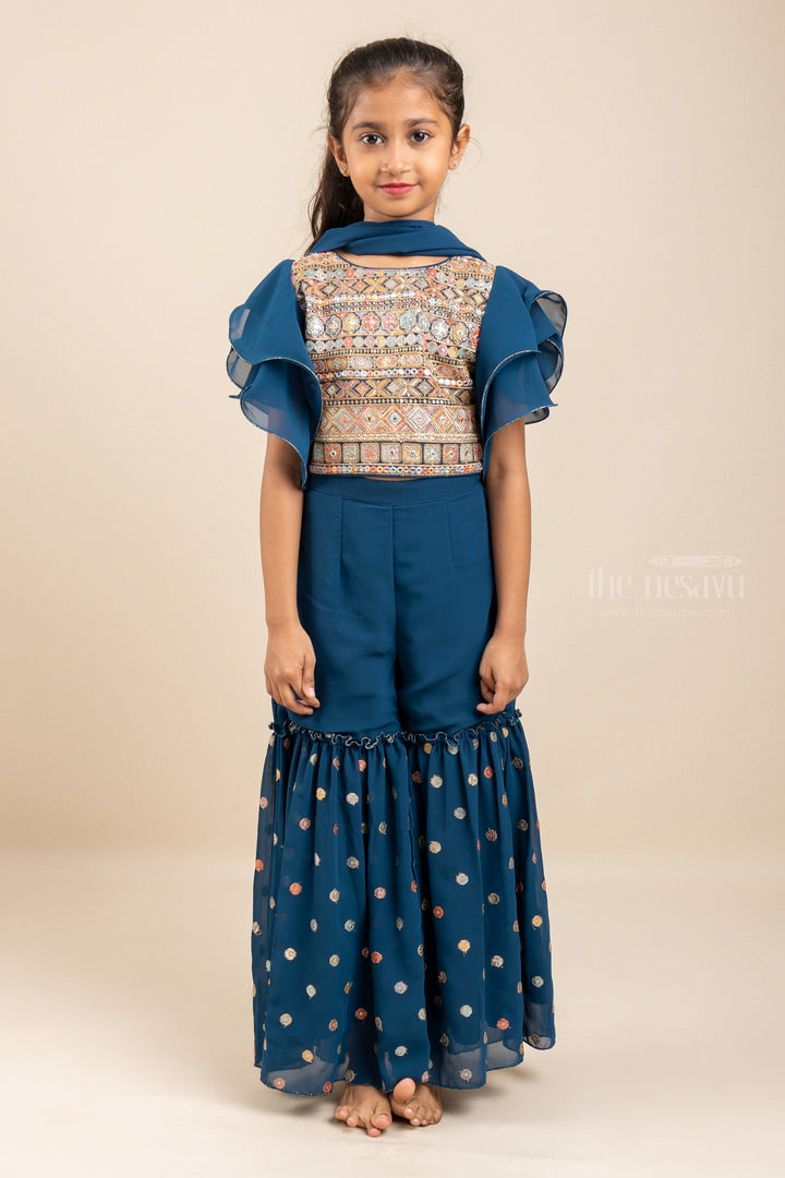 The Nesavu Sets & Suits Dark Blue Palazzo set with Bell Sleeve For Girls psr silks Nesavu 24 (5Y) / Navy GPS048