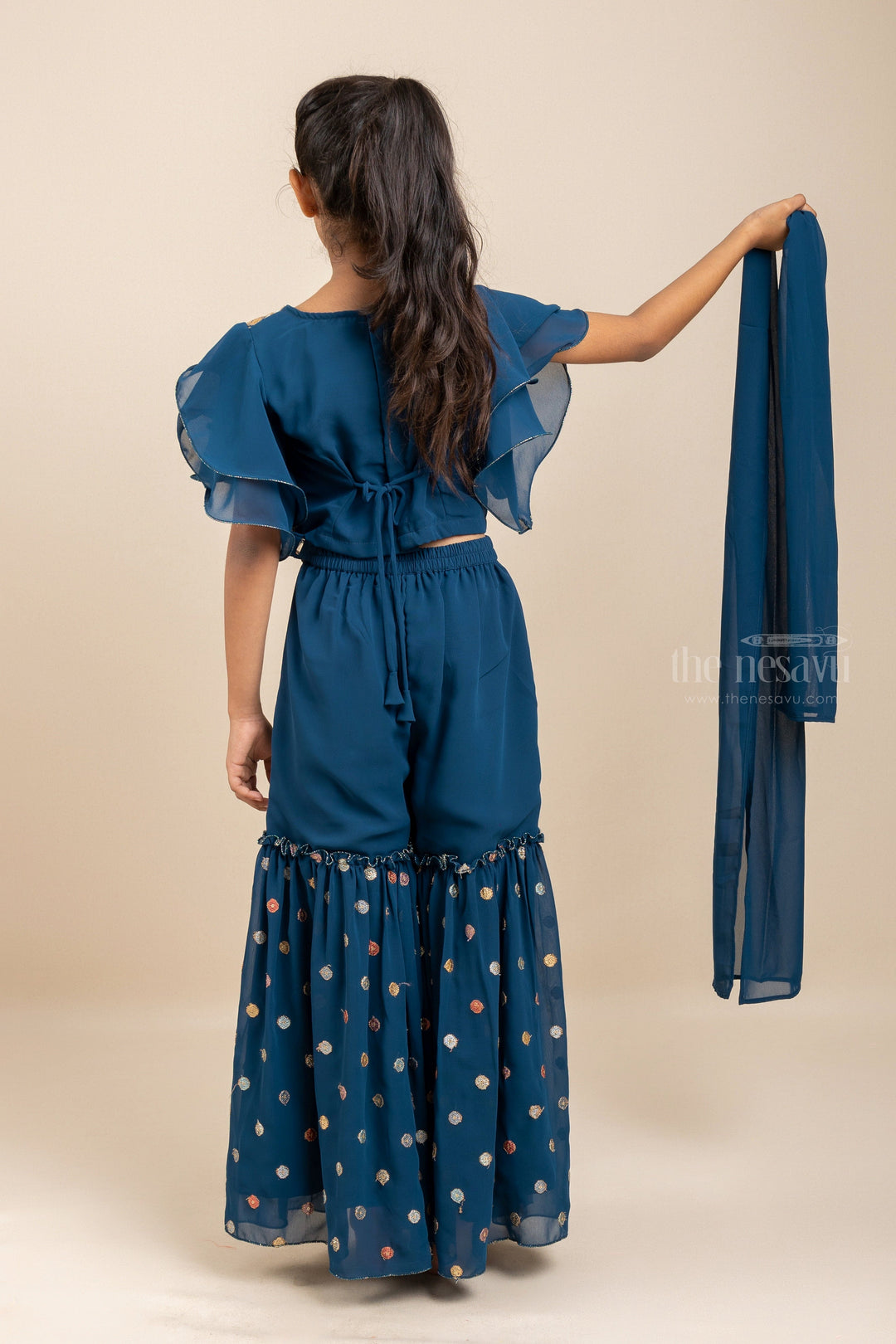 The Nesavu Sets & Suits Dark Blue Palazzo set with Bell Sleeve For Girls psr silks Nesavu