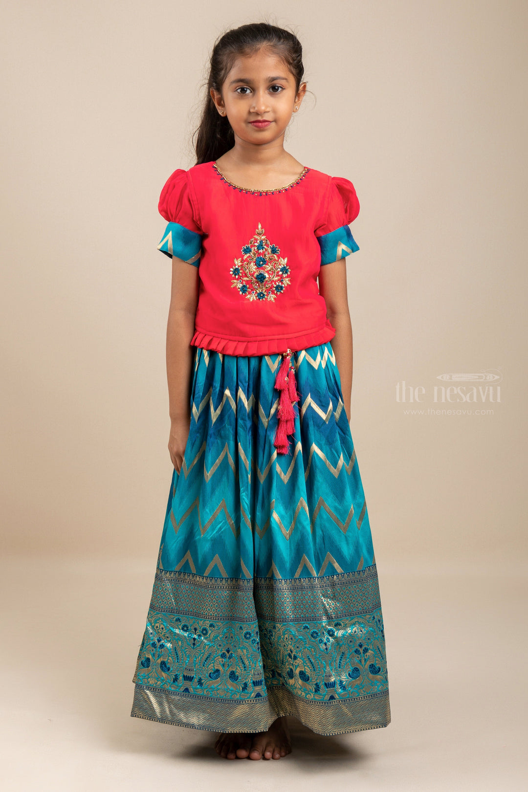 The Nesavu Lehenga & Ghagra Dark Cyan Banarasi Silk Lehenga With Embroidery Yellow Crop Top For Girls psr silks Nesavu 16 (1Y ) / Blue GL273B