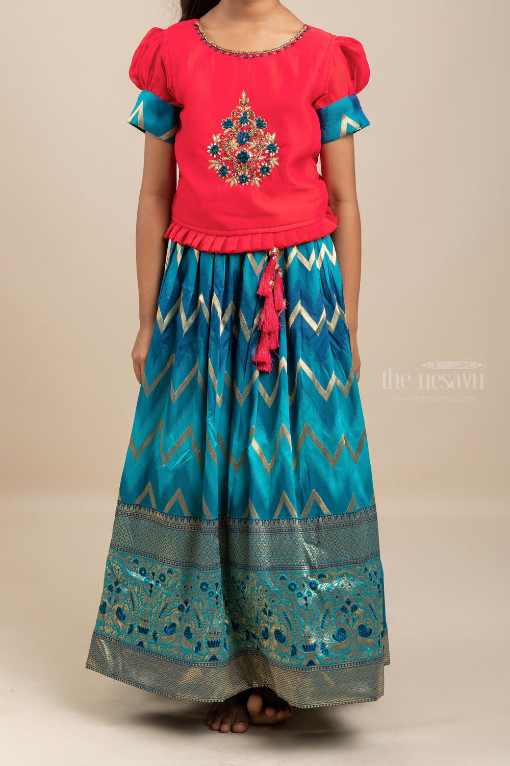 The Nesavu Lehenga & Ghagra Dark Cyan Banarasi Silk Lehenga With Embroidery Yellow Crop Top For Girls psr silks Nesavu