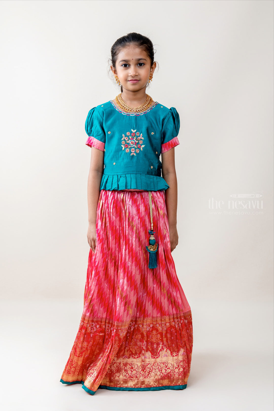 The Nesavu Lehenga & Ghagra Dark Green and Pink Crushed Designer Lehenga Choli For Girls psr silks Nesavu 16 (1Y ) / pink GL297A