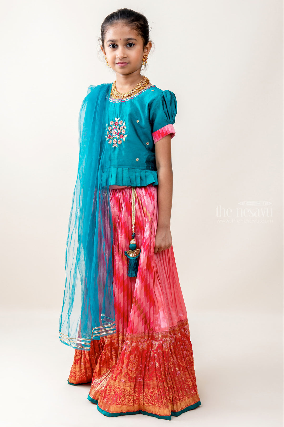 The Nesavu Lehenga & Ghagra Dark Green and Pink Crushed Designer Lehenga Choli For Girls psr silks Nesavu