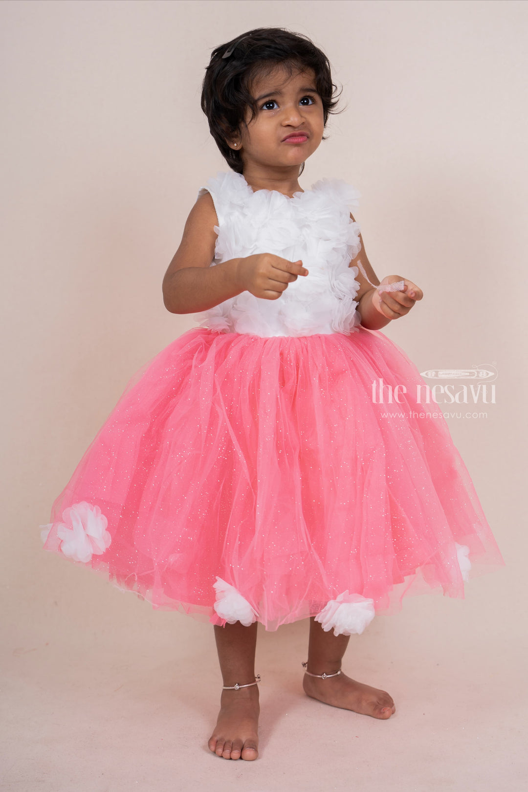 The Nesavu Party Frock Dark Pink With White Floral Embellished Party Frock For Baby Girls psr silks Nesavu 16 (1Y) / darkpink PF69B