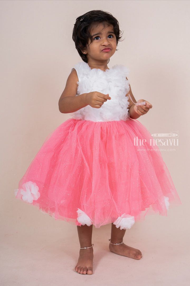 The Nesavu Party Frock Dark Pink With White Floral Embellished Party Frock For Baby Girls psr silks Nesavu 16 (1Y) / darkpink PF69B